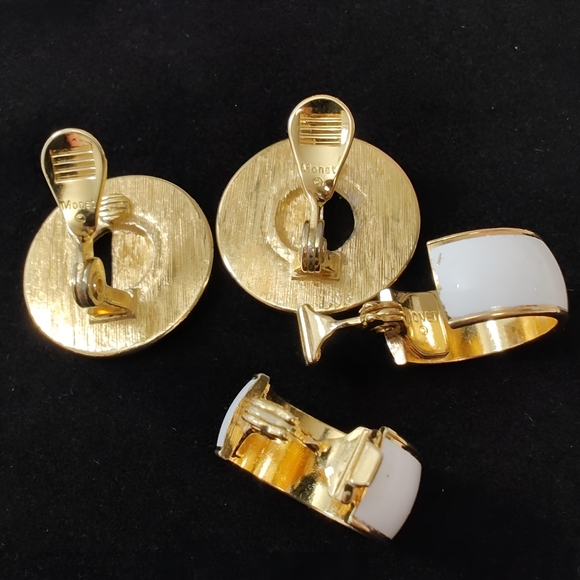 Vintage MONET Gold tone Enamel Clip-on Earrings 2 Pair Lot Bundle - Picture 3 of 8